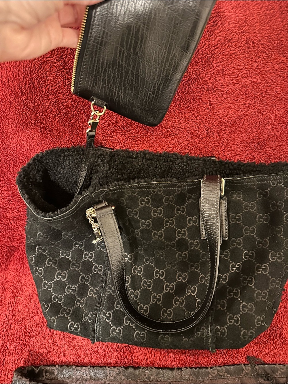 Gucci Black GG Suede Tote with Leather Handles and Charm - Picture 5 of 9